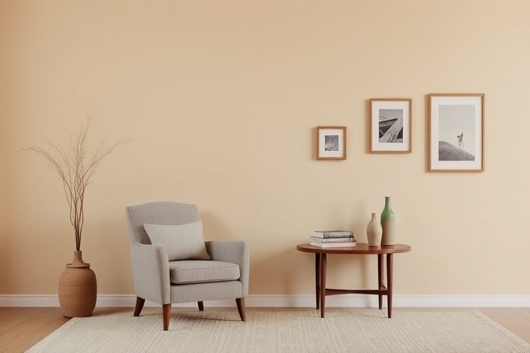 "A minimalist living room with a few carefully curated items, including a vintage armchair, a side table with a few decorative vases, and a few select pieces of artwork, set against a warm beige backg
