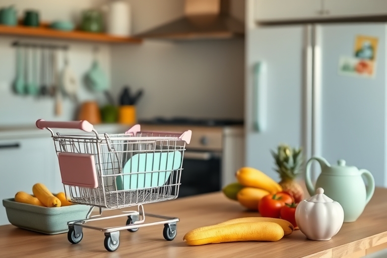 "A minimalist kitchen with pastel-colored utensils and a half-filled shopping cart, surrounded by fresh fruits and vegetables on a warm wooden table, with soft golden lighting and a subtle bokeh effec