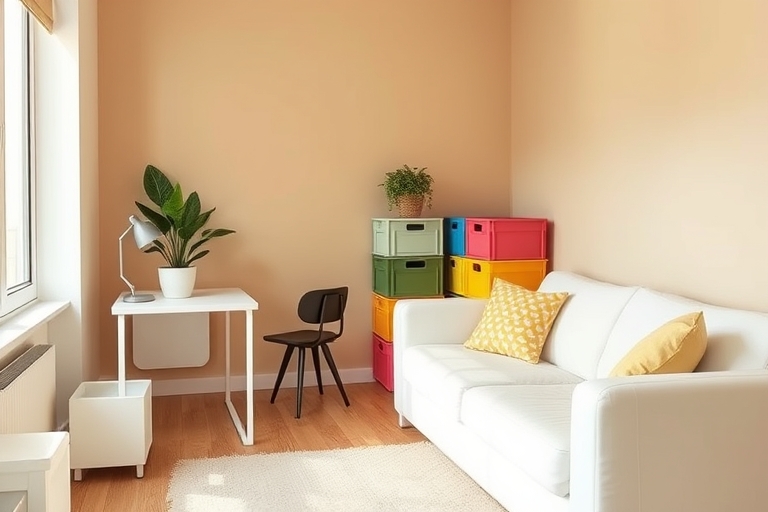 "A clutter-free, modern studio apartment with a minimalist white sofa, a compact desk with a potted plant, and a stack of colorful storage crates in the corner, set against a warm beige wall with a so