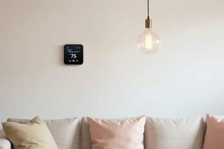 "A serene living room with a minimalist background, soft pastel-colored throw pillows, and a smart thermostat on the wall, with a smart light bulb in a glass pendant light fixture, overlooking a calm 