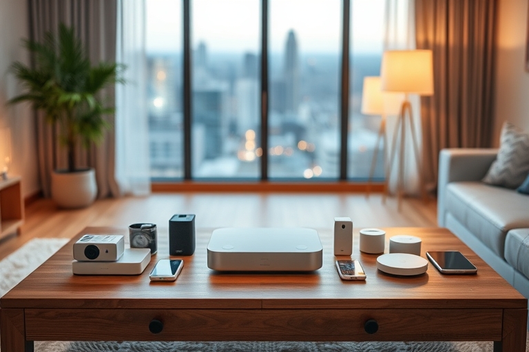 "Smart home hub on a minimalist wooden coffee table, surrounded by smart devices, with a warm glow emanating from the lights, soft pastel hues on the walls, and a blurred cityscape outside through a l