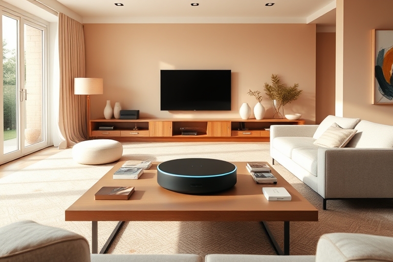 "A minimalist living room with a smart hub on a coffee table, surrounded by sleek smart devices, warm pastel-colored walls, and soft natural light spilling in through a large window."
