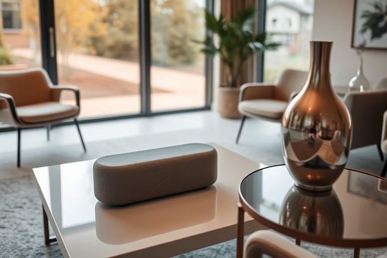 "A serene living room with a sleek smart speaker on a minimalist coffee table, surrounded by empty chairs and a large window with a warm glow, reflected in a polished silver vase on a side table."