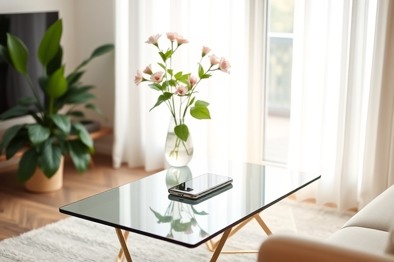 "A minimalist living room with a single iPhone on a sleek glass table, surrounded by lush greenery and a vase with soft pink flowers, natural light pouring in through a large window, warm shadows on t