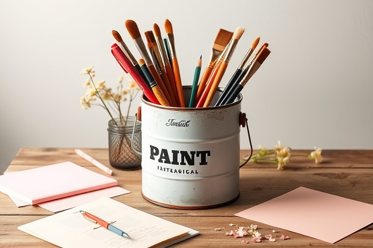 "Vintage paint can repurposed as a desk organizer with paintbrushes and pens on a worn wooden table, surrounded by a soft warm glow, pastel-colored papers, and a few scattered flowers, against a minim