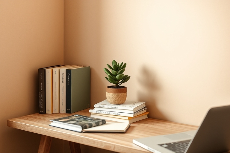 "A minimalist study nook with a single, potted succulent on a small, wooden desk, surrounded by a few, carefully curated books and a laptop, set against a warm, soft focus background with subtle paste