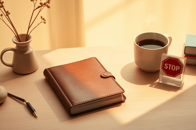 "A minimalist desk with a small, worn leather journal, a cup of steaming coffee, and a paperweight with a 'stop' symbol, set against a warm, sunny background with soft pastel hues and a few wispy clou
