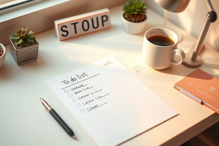 "A minimalist desk with a blank to-do list, a few scribbled notes, and a cup of coffee in the background, with a small 'STOP' sign on the desk, surrounded by a soft pastel color palette and warm natur