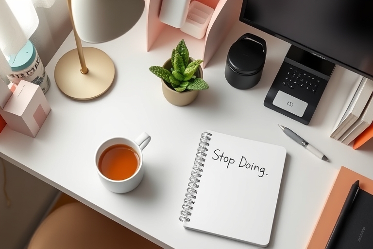 "A clutter-free desk with a small potted plant, a cup of steaming coffee, and a notebook with a single, bold line marked 'Stop Doing' surrounded by a minimalist workspace with soft pastel-colored fold