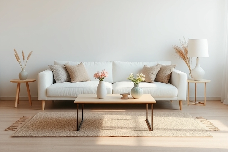 "A serene living room with a minimalist white couch, a tidy coffee table, and a few decorative vases with pastel flowers, surrounded by a soft, warm glow, and a calm, clutter-free atmosphere."