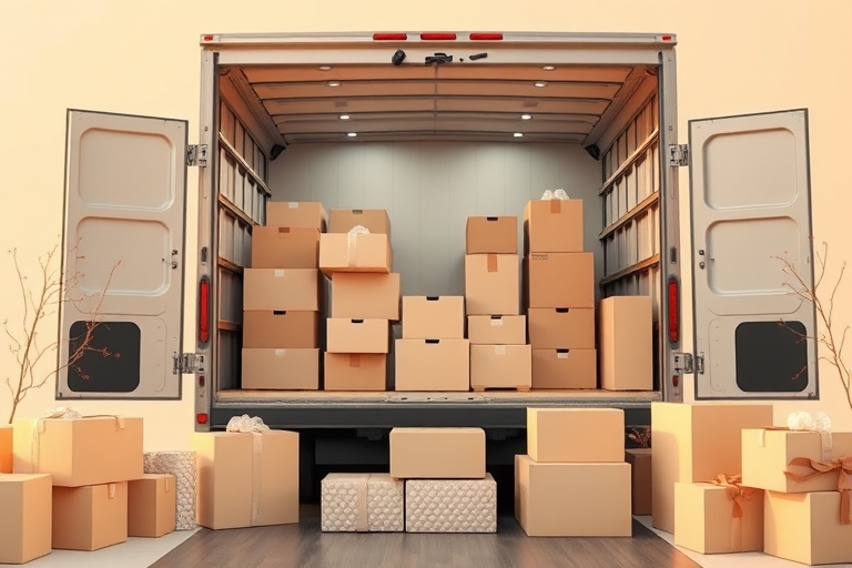 "A beautifully organized moving truck with a minimalist background, surrounded by soft pastel-colored packing boxes and bubble wrap, under warm golden lighting."