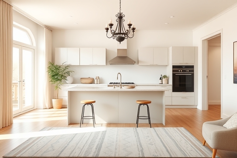 "A minimalist living room with a sleek, renovated kitchen island in the background, a vintage chandelier above, and a pastel-colored rug underfoot, with a large window letting in warm, soft light, and