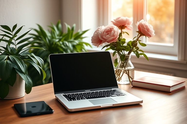 "A clutter-free laptop and tablet sit on a minimalist wooden desk, surrounded by lush greenery and a vase with pastel pink peonies, with warm natural light spilling in through a large window."