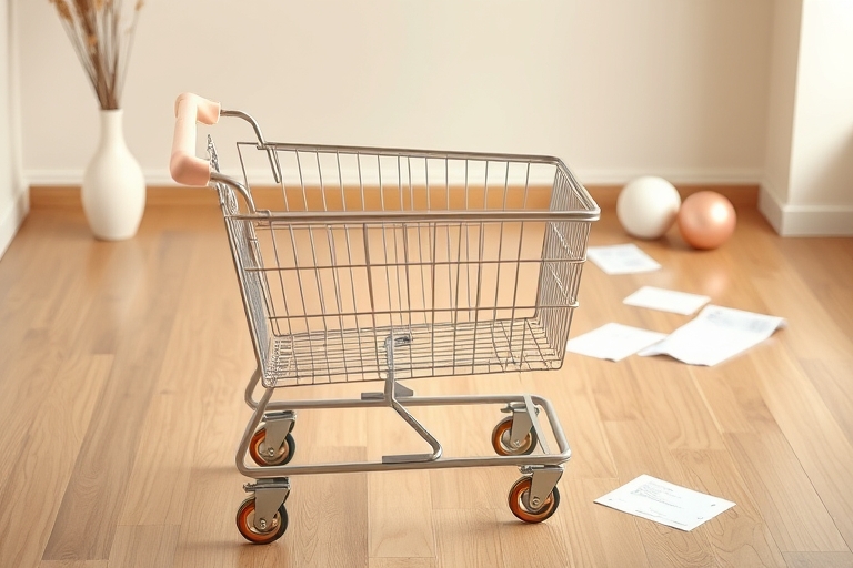 "A minimalist shopping cart sits empty on a polished wooden floor, with a few scattered receipts and crumpled up shopping lists in the background, surrounded by soft pastel hued objects such as a vase