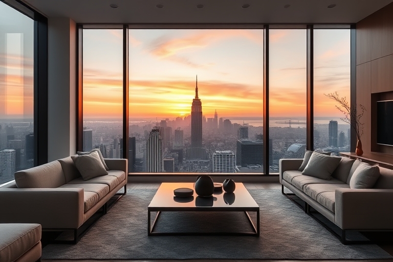 "A sleek, modern living room with a large window overlooking a cityscape at sunset, featuring a minimalist coffee table with a few high-tech gadgets, a few pastel-colored throw pillows, and a warm, go