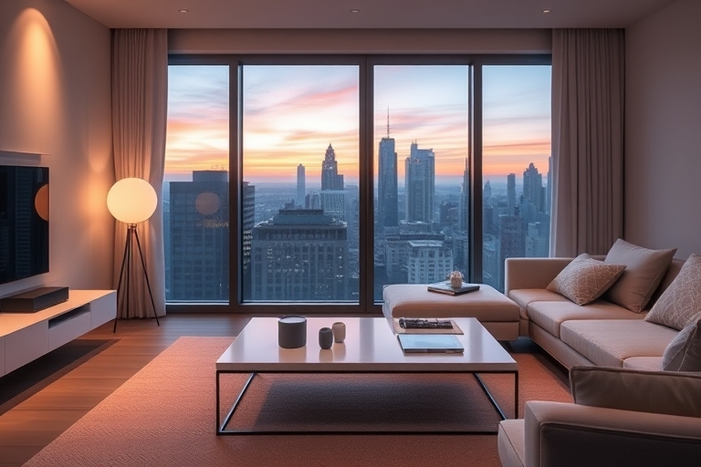 "A minimalist living room with a sleek smart home setup. Soft pastel-colored lighting, a tidy coffee table with a smart speaker and tablet, and a large window with a cityscape at sunset."