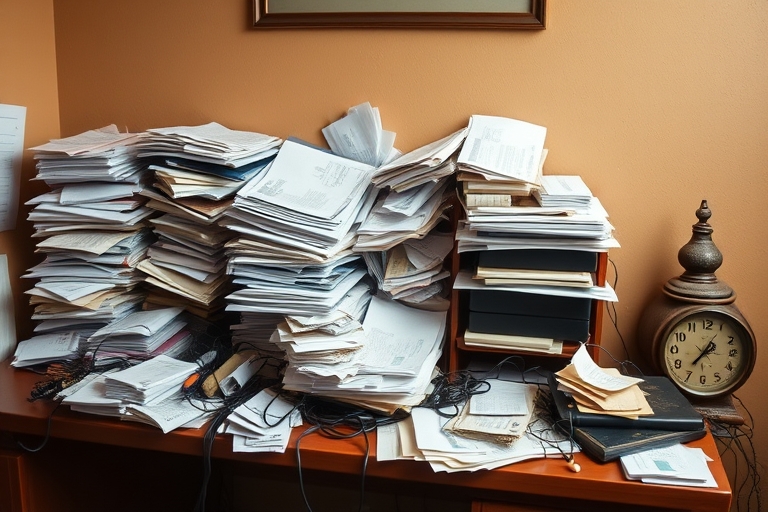 "A cluttered desk with stacks of bills, receipts, and papers amidst a mess of cords, surrounded by a few discarded items like a broken vase and a dusty old clock, set against a warm beige wall with a 