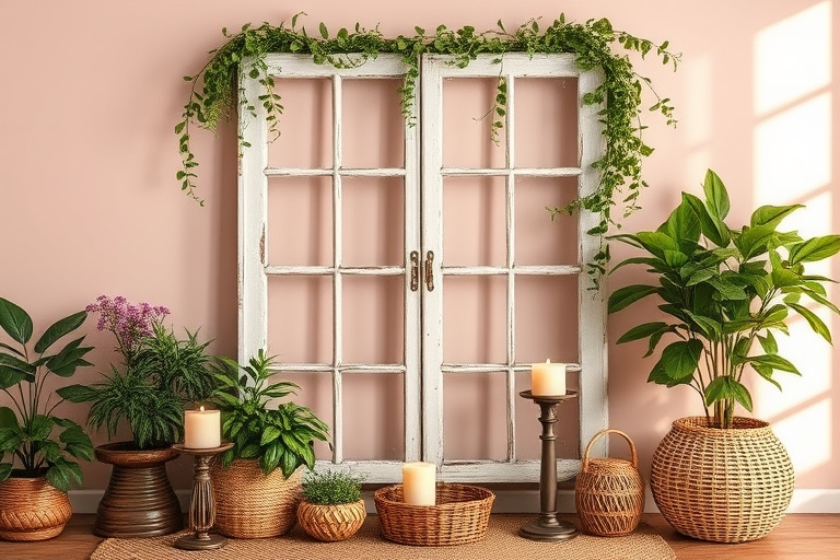 "A vintage window transformed into a decorative room divider, surrounded by lush greenery, antique candle holders, and woven baskets, set against a soft pastel pink background with warm golden light s