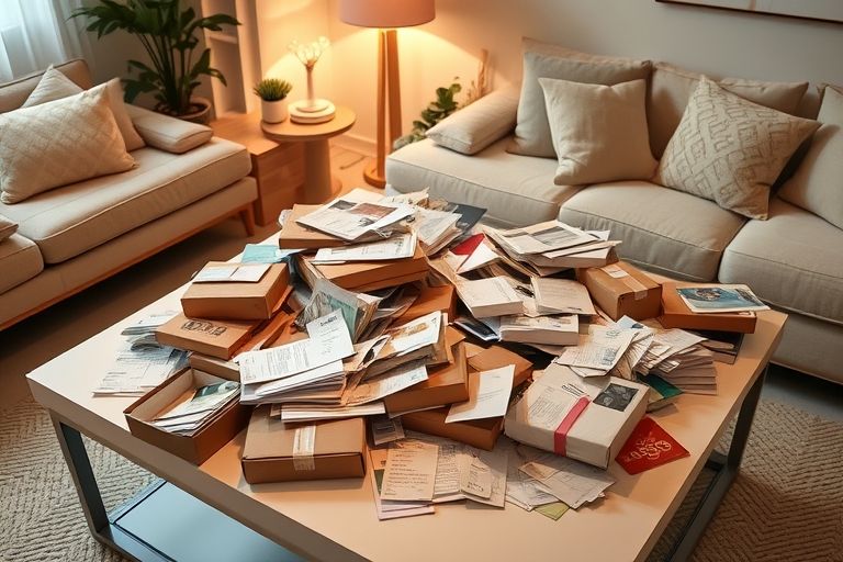 "A cluttered living room with a tangled mess of subscription boxes, bills, and receipts scattered on a minimalist coffee table, under a warm glow of a pastel-colored lamp, with a few strategically pla