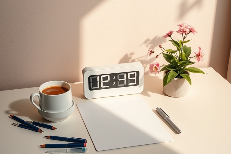 "A minimalist desk with a timer ticking down from 2 minutes, surrounded by a few scattered pens, a cup of steaming coffee, and a small potted plant with pastel pink flowers, set against a warm, sunny 