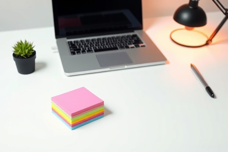 "A minimalist desk setup with a sleek laptop, a neatly stacked pile of colorful sticky notes, a small potted plant, and a warm light source casting a gentle glow on a clean, white background."