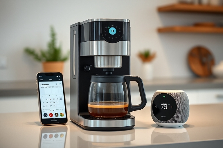 "A smart coffee maker brews a perfectly balanced cup in a minimalist kitchen with a soft focus on a smartphone displaying a calendar, a smart thermostat controls the temperature, and a smart speaker p