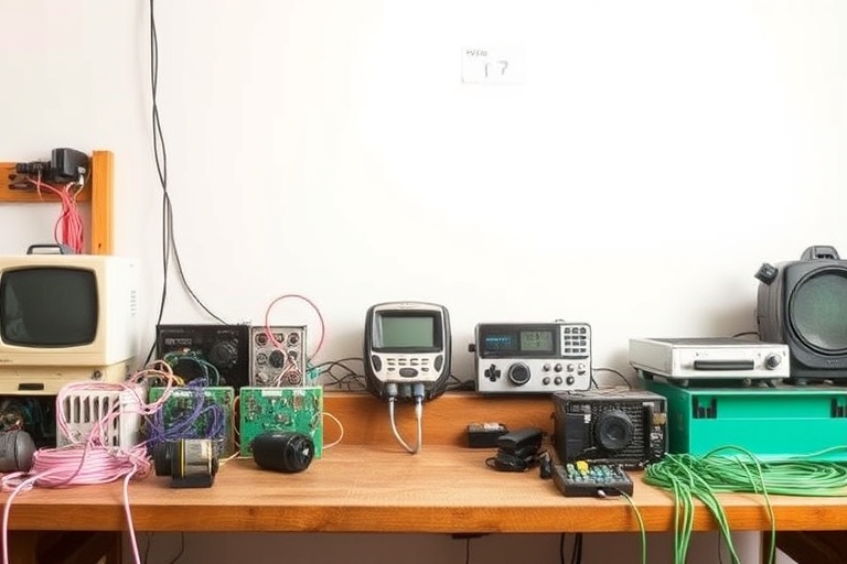 "Upcycled electronics on a wooden workbench with pastel-colored wires, old circuit boards, and repurposed gadgets arranged in a creative composition against a warm white background."