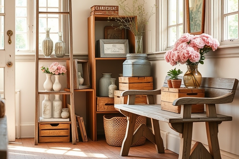 "Upcycled home decor scene: old ladder repurposed as a bookshelf, wooden crates stacked with vintage vases, soft pink flowers in a mason jar, and a distressed wooden bench in a cozy, sunlit room with 