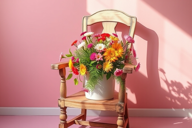 "A distressed wooden armchair reimagined as a vibrant floral planter, set against a soft pastel pink background, with a bouquet of fresh flowers spilling out of the chair, warm sunlight streaming thro