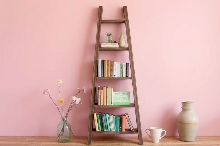 "A beautifully styled vignette of an upcycled home decor piece, a vintage ladder repurposed as a bookshelf, against a soft pastel pink background, with a few strategically placed flowers and a few wel