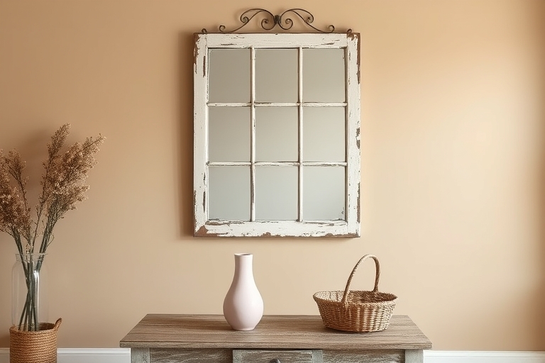 "A vintage window frame is repurposed as a decorative mirror, hung above a distressed wooden coffee table with a pastel pink vase and a woven basket, set against a warm beige wall with a subtle wooden