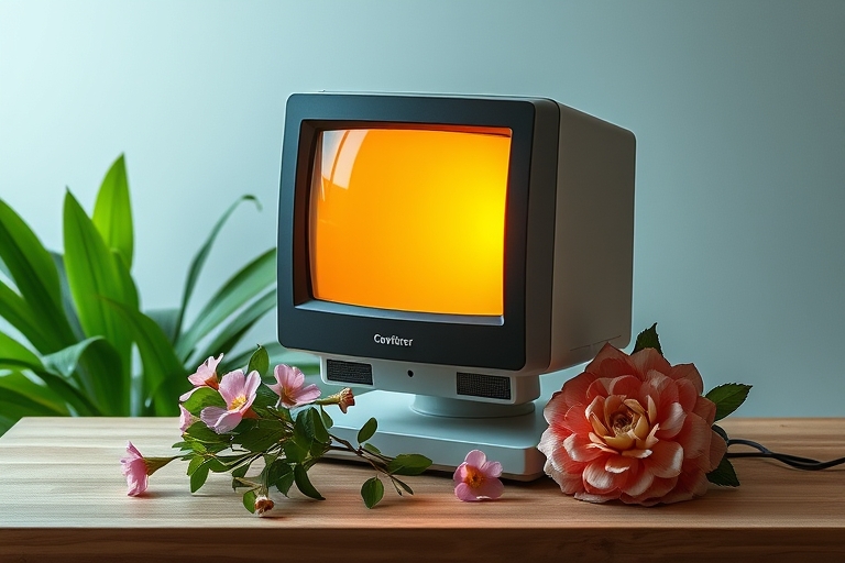 "Upcycled lamp made from an old computer monitor sits on a minimalist wooden table, surrounded by lush greenery and vibrant pastel-colored flowers, with a warm golden light spilling from within."