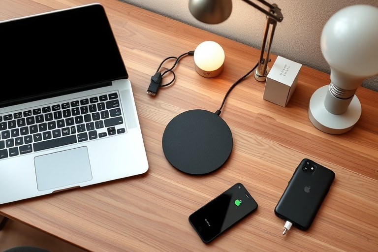 "A minimalist desk setup with a refurbished laptop, a smart wireless charging pad, a retro-fitted smartphone, a refurbished power bank, and a smart light bulb, all arranged on a wooden table with a so