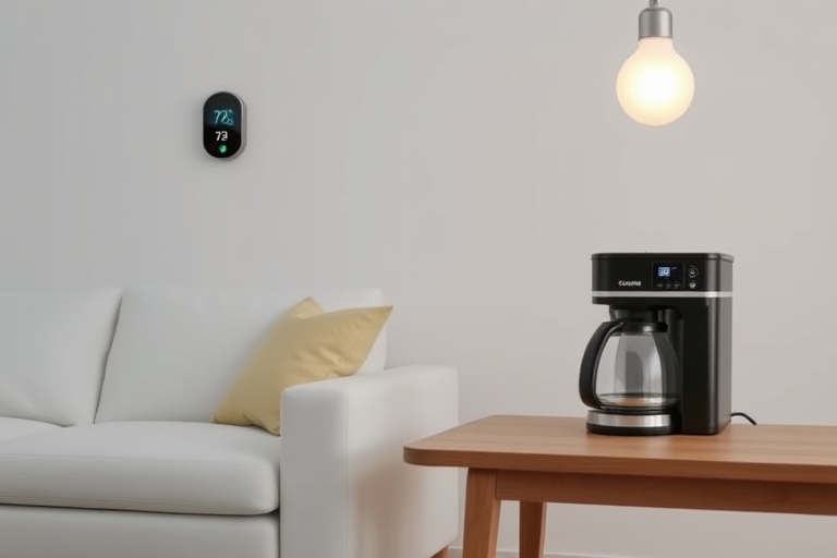 "A modern living room with a sleek white sofa and a smart thermostat on the wall, a coffee maker with a touchscreen interface on a minimalist wooden table, a smart light bulb with a soft pastel glow a