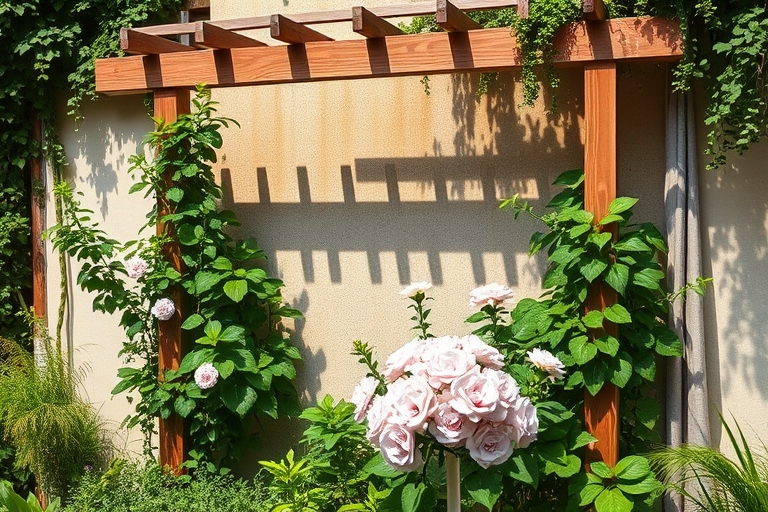 "A lush, serene urban garden scene with a reclaimed wood trellis, overflowing with vibrant greenery, and a soft pastel pink flower arrangement, set against a warm, sunlit concrete wall, with a few str